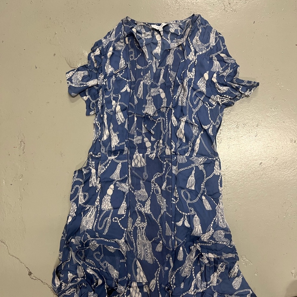 Reiss Blue and White Tassel Print Dress (silk)